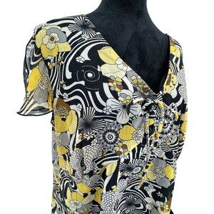 Spago‎ Womens Babydoll Tunic Top 20W Floral Black Yellow V Neck Top Tie Vintage